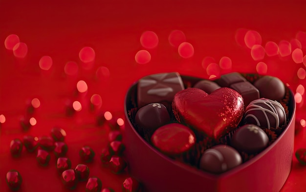 A closeup of a beautifully Heartshaped box of chocolates on the red background ai generated