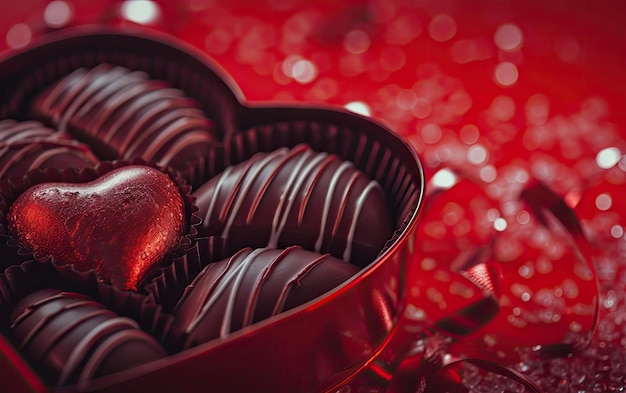 A closeup of a beautifully Heartshaped box of chocolates on the red background ai generated