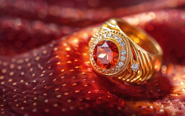 A closeup of a beautifully ring with gemstone on the red background professional ad ai generated