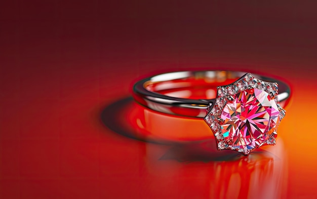 A closeup of a beautifully ring with gemstone on the red background professional ad ai generated