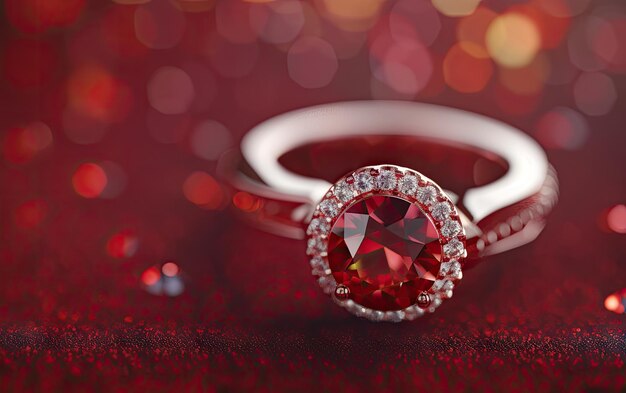 A closeup of a beautifully ring with gemstone on the red background professional ad ai generated