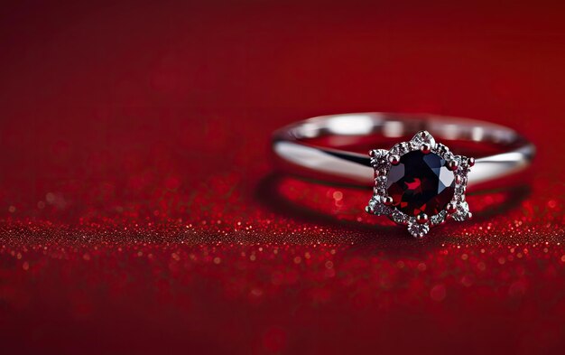 A closeup of a beautifully ring with gemstone on the red background professional ad ai generated