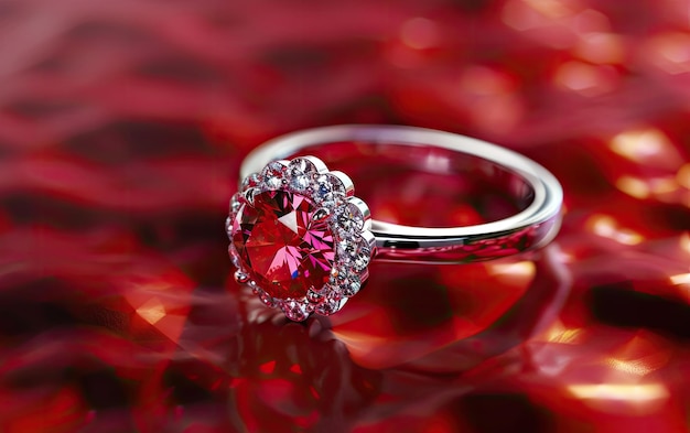 A closeup of a beautifully ring with gemstone on the red background professional ad ai generated