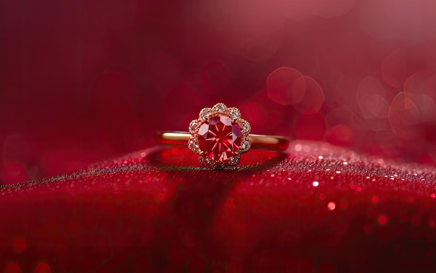 A closeup of a beautifully ring with gemstone on the red background professional ad ai generated