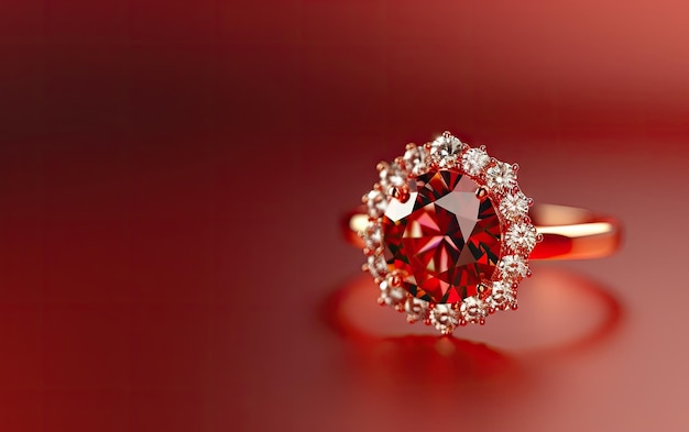 A closeup of a beautifully ring with gemstone on the red background professional ad ai generated