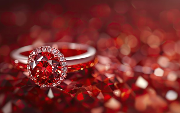 A closeup of a beautifully ring with gemstone on the red background professional ad ai generated