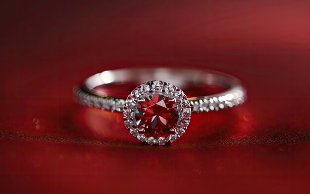 A closeup of a beautifully ring with gemstone on the red background professional ad ai generated