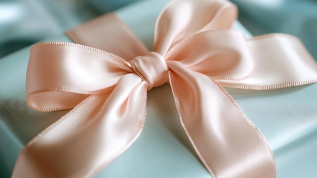 A closeup of a beautifully tied satin bow in soft pastel colors adorning a gift box with a delicate ribbon