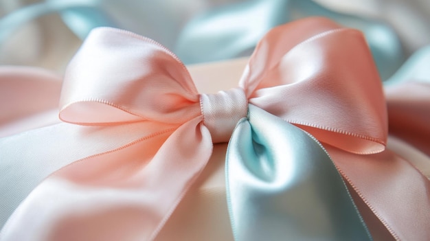 A closeup of a beautifully tied satin bow in soft pastel colors adorning a gift box with a delicate ribbon