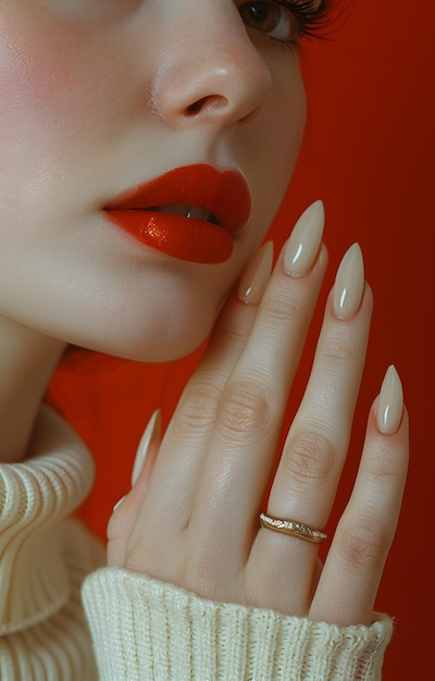 Photo closeup beauty shot of womans lips and hands with red lipstick and manicured nails focusing on