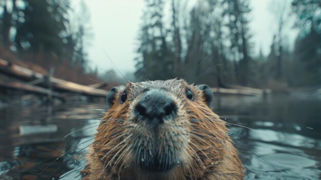 Photo closeup of a beavers curious face with water droplets on fur