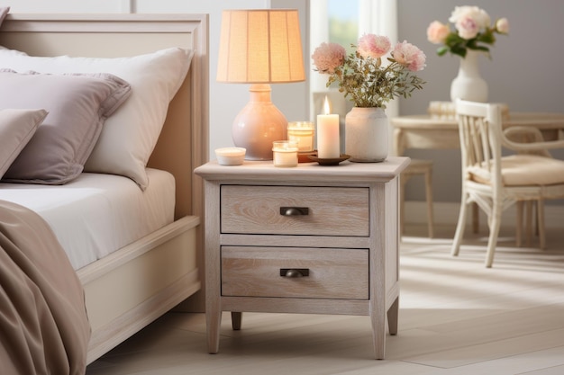 Closeup of bedside cabinet with beige bedding in modern french country bedroom interior design