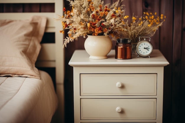 Closeup of bedside cabinet with beige bedding in modern french country interior bedroom