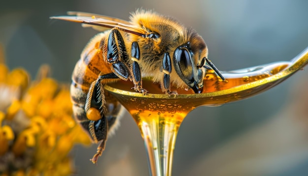 Closeup of bee on amber honey spoon with dripping golden honey high quality image