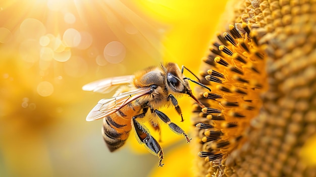 Closeup of a bee collecting nectar from a sunflower with space for text