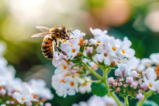 A closeup of a bee collecting nectar from white flowers The pollination process