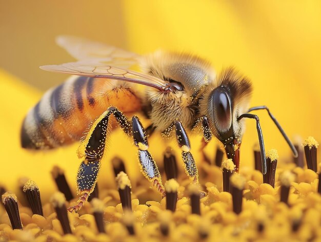 Photo a closeup of a bee collecting pollen from a sunflower with tiny grains of pollen on its legs