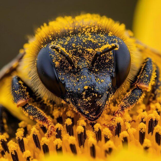 Photo a closeup of a bee covered in pollen perched on a flower