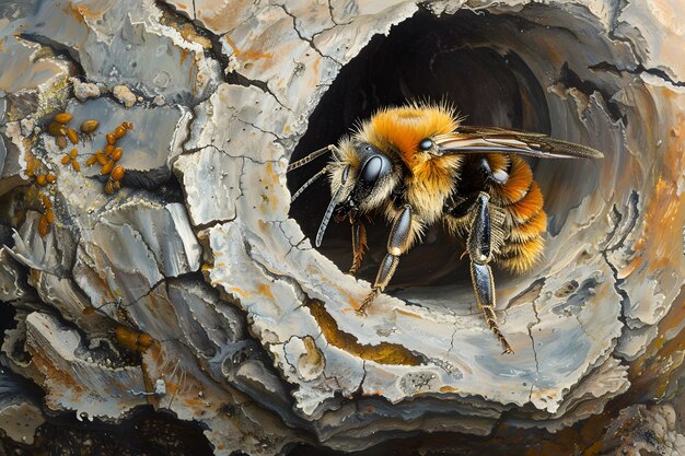 Photo a closeup of a bee emerging from a hollow tree trunk