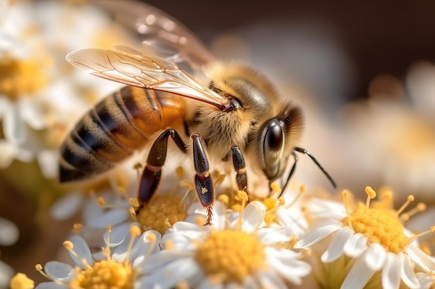 Closeup of a bee feeding on pollen from a white and yellow flower Insect