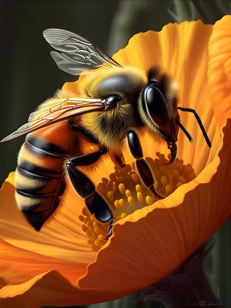 Closeup of a bee on a flower collecting pollen and honey AI generation