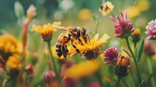 Closeup of Bee Pollinating Flower