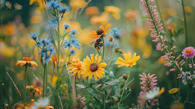 Photo a closeup of a bee pollinating flowers in a meadow