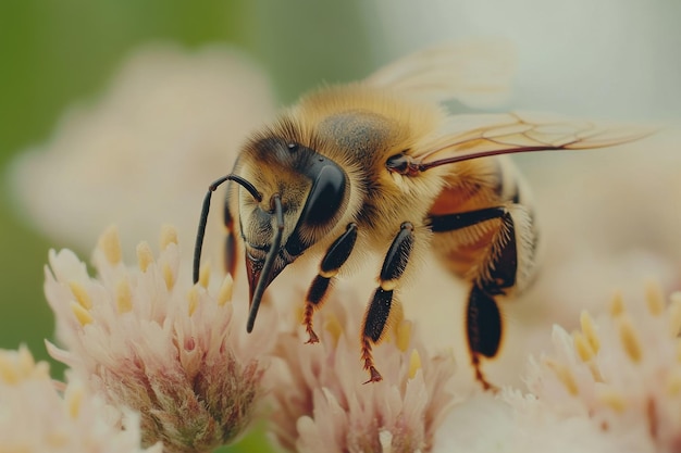 A closeup of a bee pollinating flowers in a vibrant garden during the warm afternoon