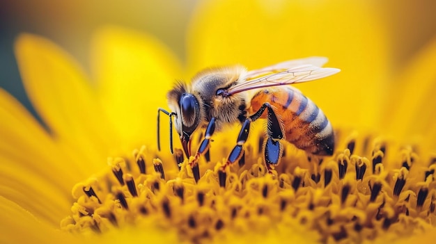 Closeup of a Bee Pollinating a Sunflower