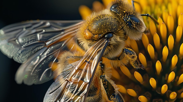 Photo closeup of a bee with pollen on its body wings outstretched on a yellow flower