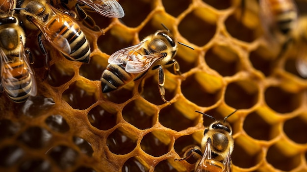 A closeup of a beehive reveals the intricate pattern of honeycomb generative ai