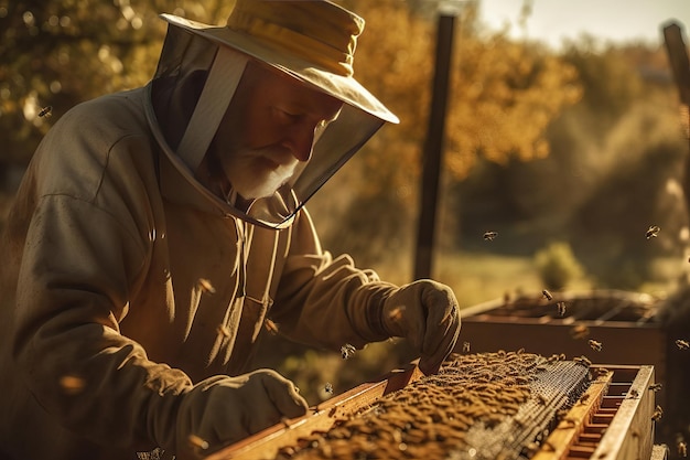 Closeup of a beekeeper collecting honey on a honeycomb of bees