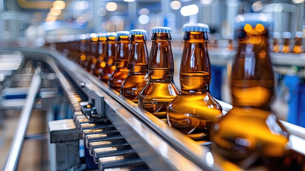 Closeup of beer bottles on a conveyor belt in a factory setting