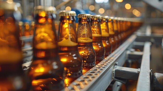 Closeup of beer bottles on a conveyor system in a manufacturing plant