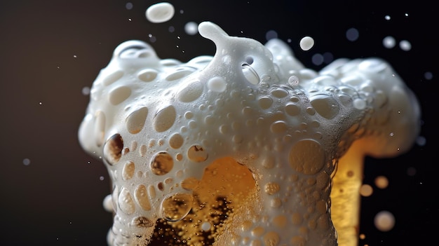 Photo closeup of beer foam with bubbles and splashes