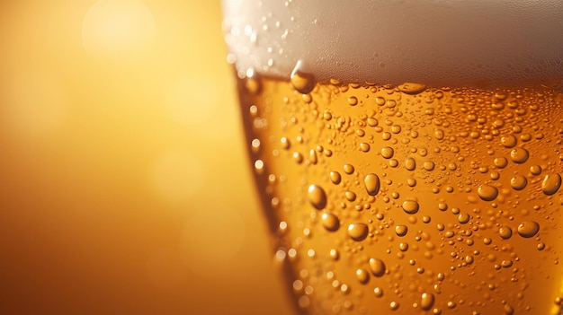 Closeup of beer in a glass with bubbles Beer background