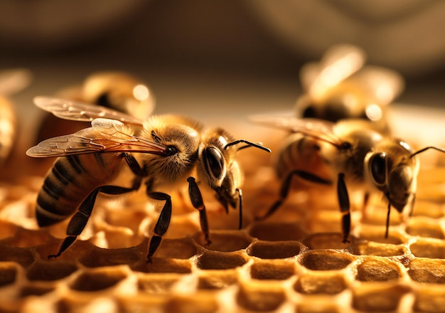 A closeup of bees crawling on a honeycomb