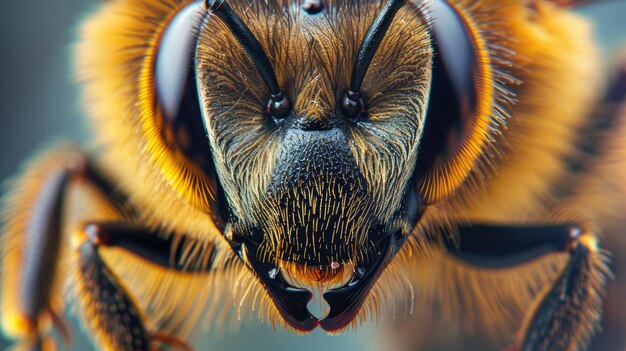 Photo closeup of bees detailed hairy face and antennae