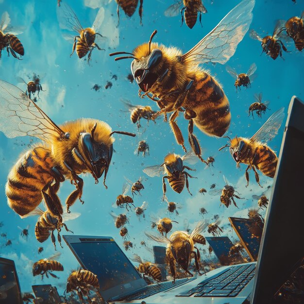 Photo closeup of bees flying out of the screen of a laptop