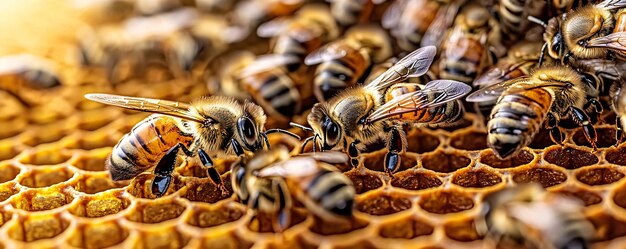 Photo closeup of bees on honeycomb in natural setting