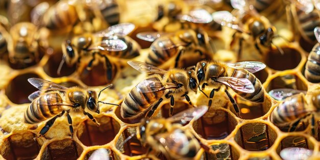 Photo closeup of bees working on honeycomb showcasing their intricate patterns and vibrant colors in a nat