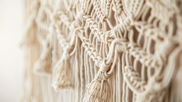 Photo closeup of beige macrame wall hanging showcasing intricate knots and tassels perfect for bohemian