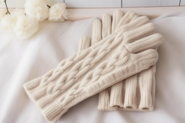 Closeup beige warm knitted gloves