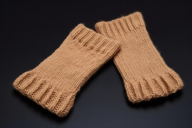 Closeup beige warm knitted gloves