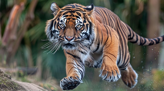 Closeup of Bengal Tiger Jumping in Forest