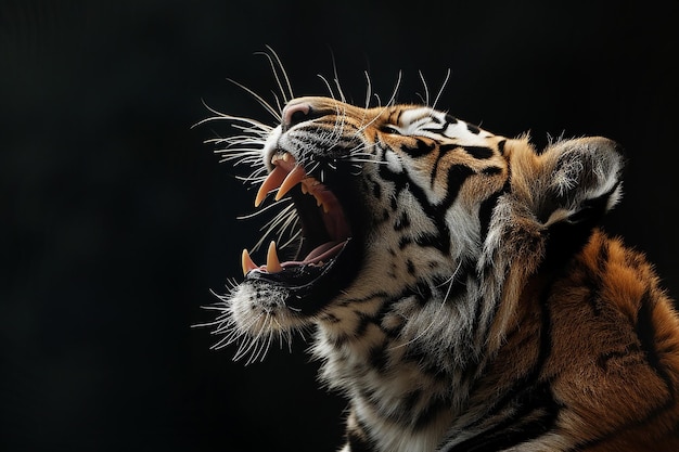 Photo closeup bengal tiger yawning and black background