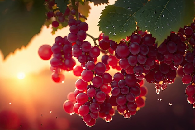 Closeup berries of dark bunch of grape water dropsFresh grape clustersunset ai generative