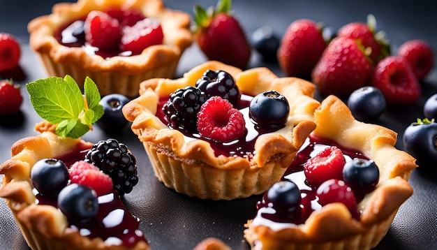 Closeup of a berry tartlet with a buttery shortcrust pastry