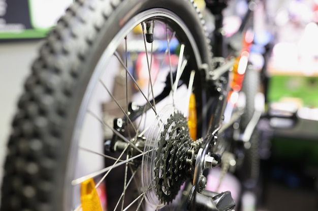 Closeup of bicycle cassette on wheel in workshop bike repair and maintenance concept