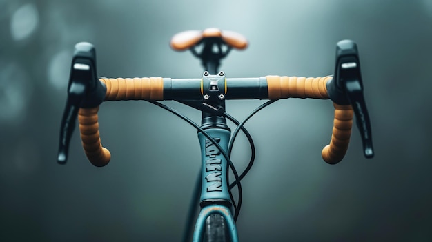 Photo closeup of a bicycle handlebar with wrapped grips and brake levers viewed from the front in a foggy environment